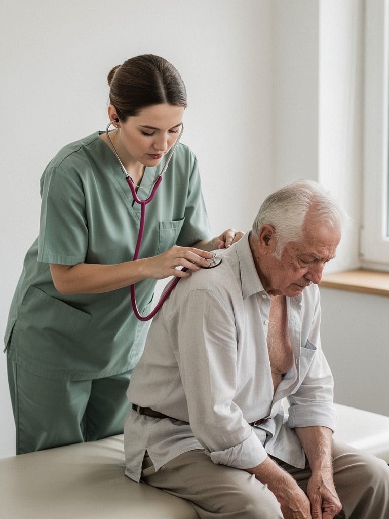 Médica auscultando as costas de um senhor idoso sentado na maca do consultório