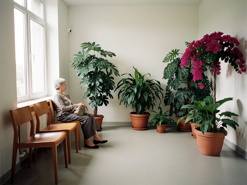 Sala de espera clara com cadeiras de madeira, plantas em vasos e uma paciente aguardando junto à janela