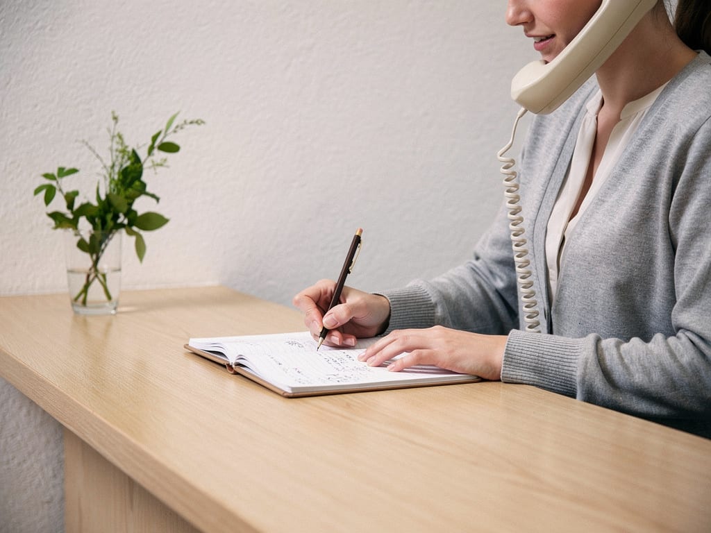 Recepcionista ao telefone marcando uma consulta a lápis numa agenda de papel